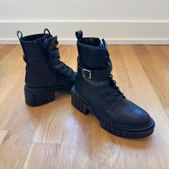 The Drop Women's Koi Buckle Lace Up Black Platform Combat Boots - Size 8 - Picture 4 of 6